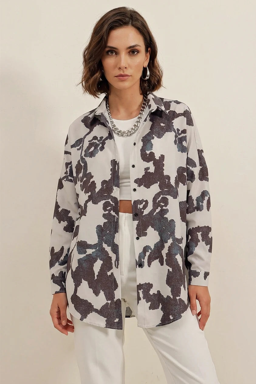 Kadın Basic Oversize Desenli Pamuklu Gömlek