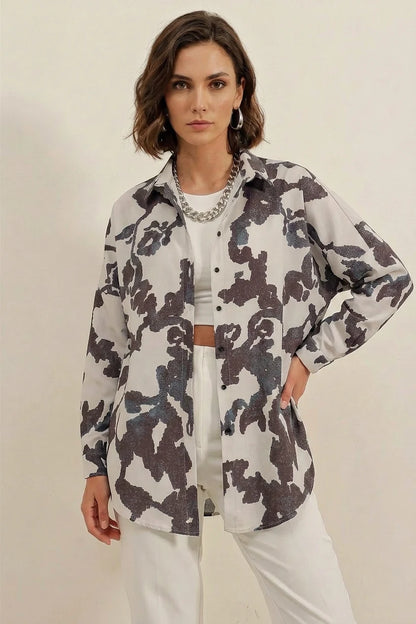 Kadın Basic Oversize Desenli Pamuklu Gömlek