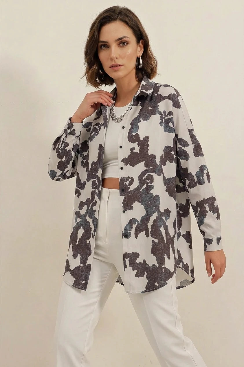 Kadın Basic Oversize Desenli Pamuklu Gömlek