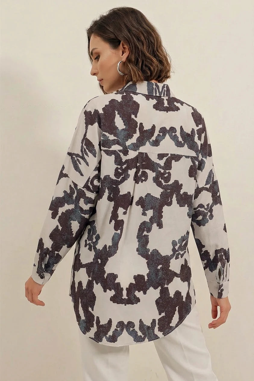 Kadın Basic Oversize Desenli Pamuklu Gömlek