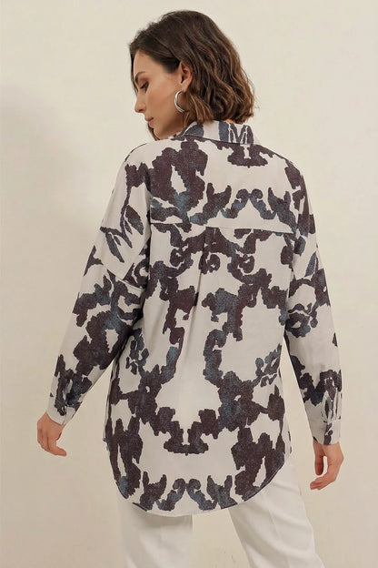 Kadın Basic Oversize Desenli Pamuklu Gömlek
