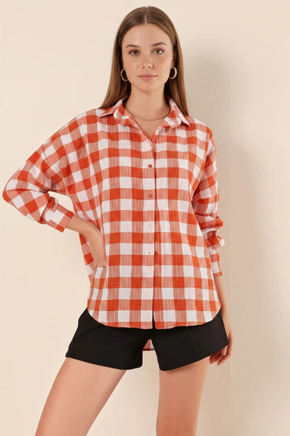 Kadın Kareli Desen Basic Oversize Pamuklu Gömlek
