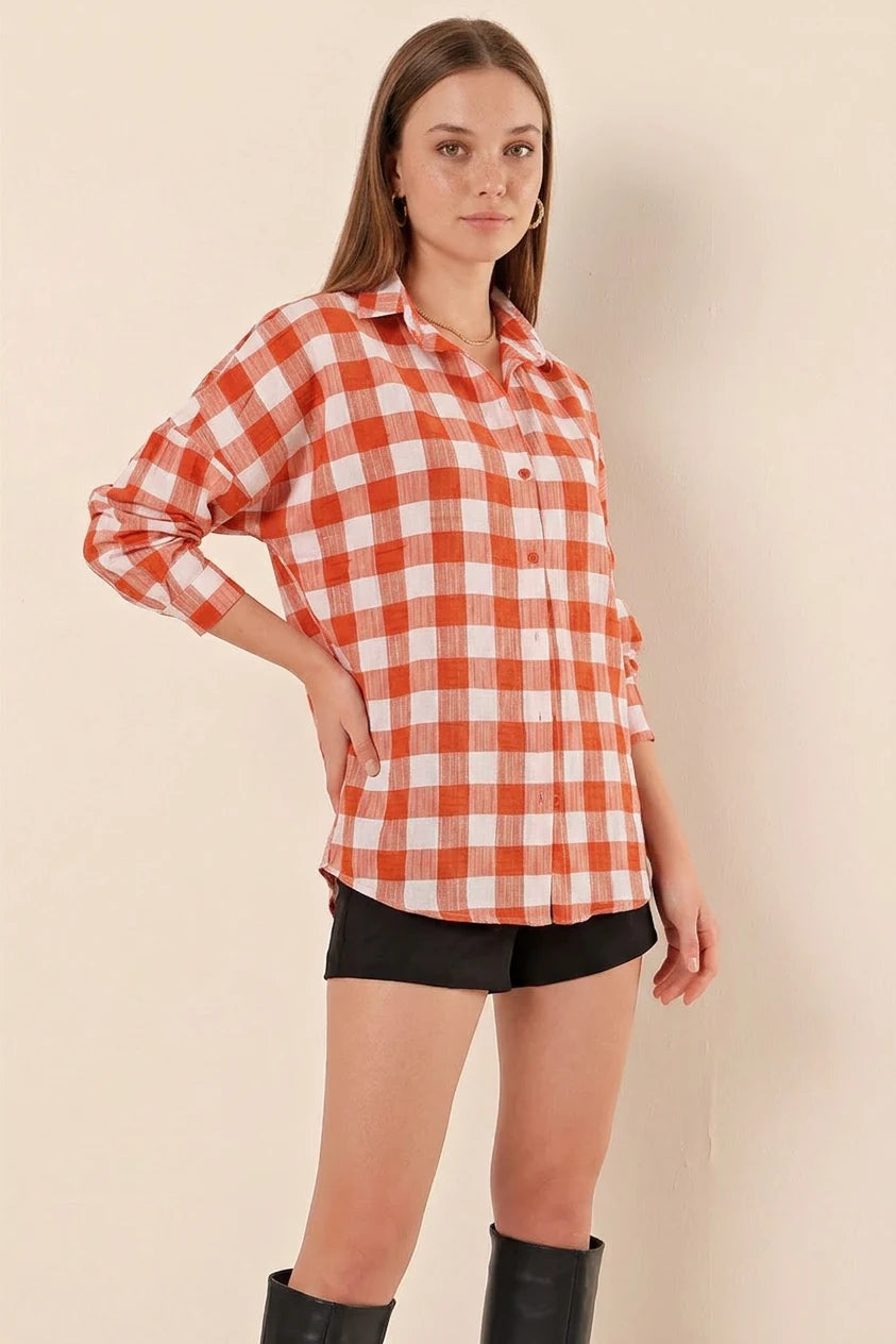 Kadın Kareli Desen Basic Oversize Pamuklu Gömlek