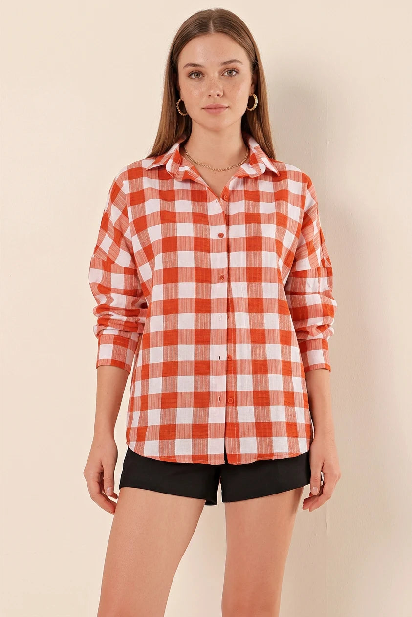 Kadın Kareli Desen Basic Oversize Pamuklu Gömlek