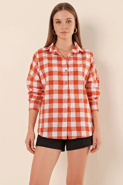 Kadın Kareli Desen Basic Oversize Pamuklu Gömlek