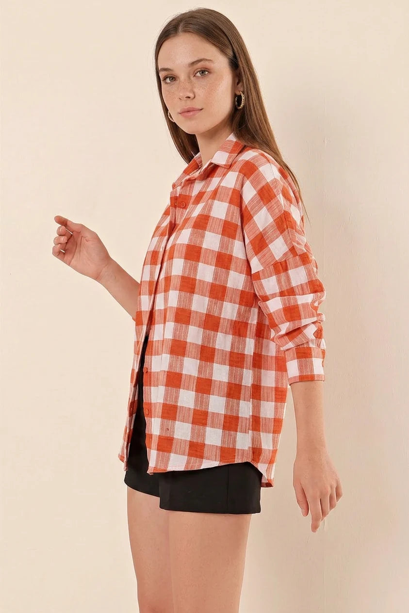 Kadın Kareli Desen Basic Oversize Pamuklu Gömlek