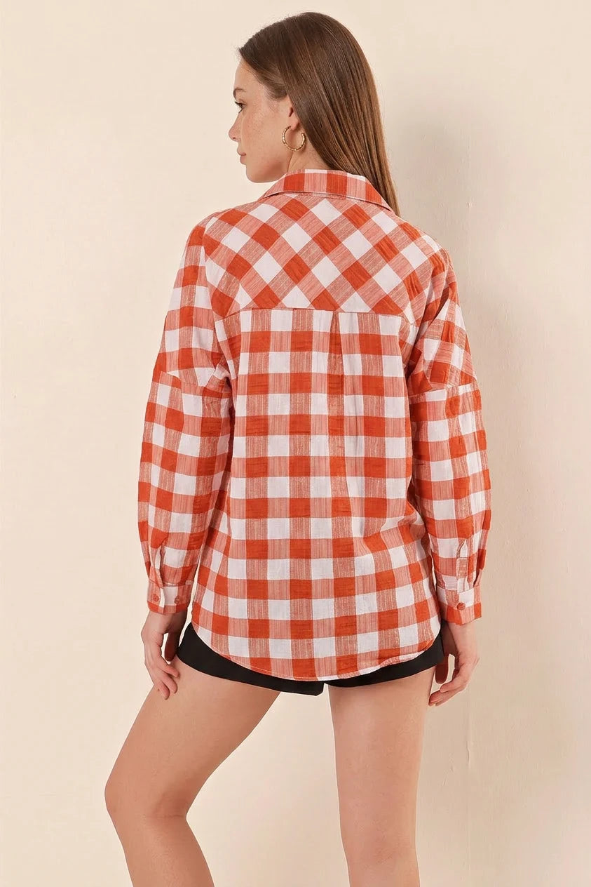Kadın Kareli Desen Basic Oversize Pamuklu Gömlek