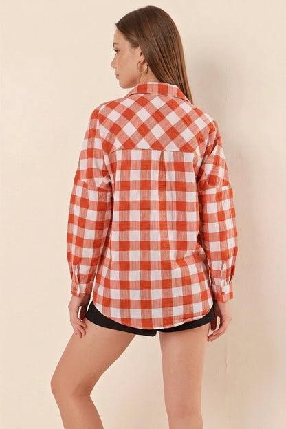 Kadın Kareli Desen Basic Oversize Pamuklu Gömlek