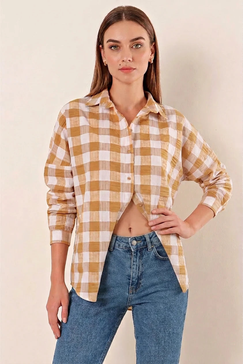 Kadın Kareli Desen Basic Oversize Pamuklu Gömlek