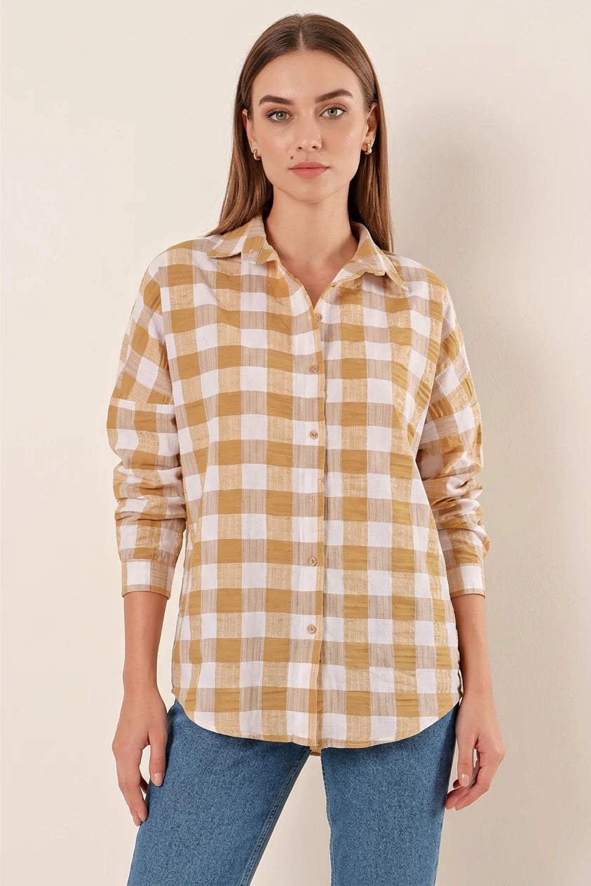 Kadın Kareli Desen Basic Oversize Pamuklu Gömlek