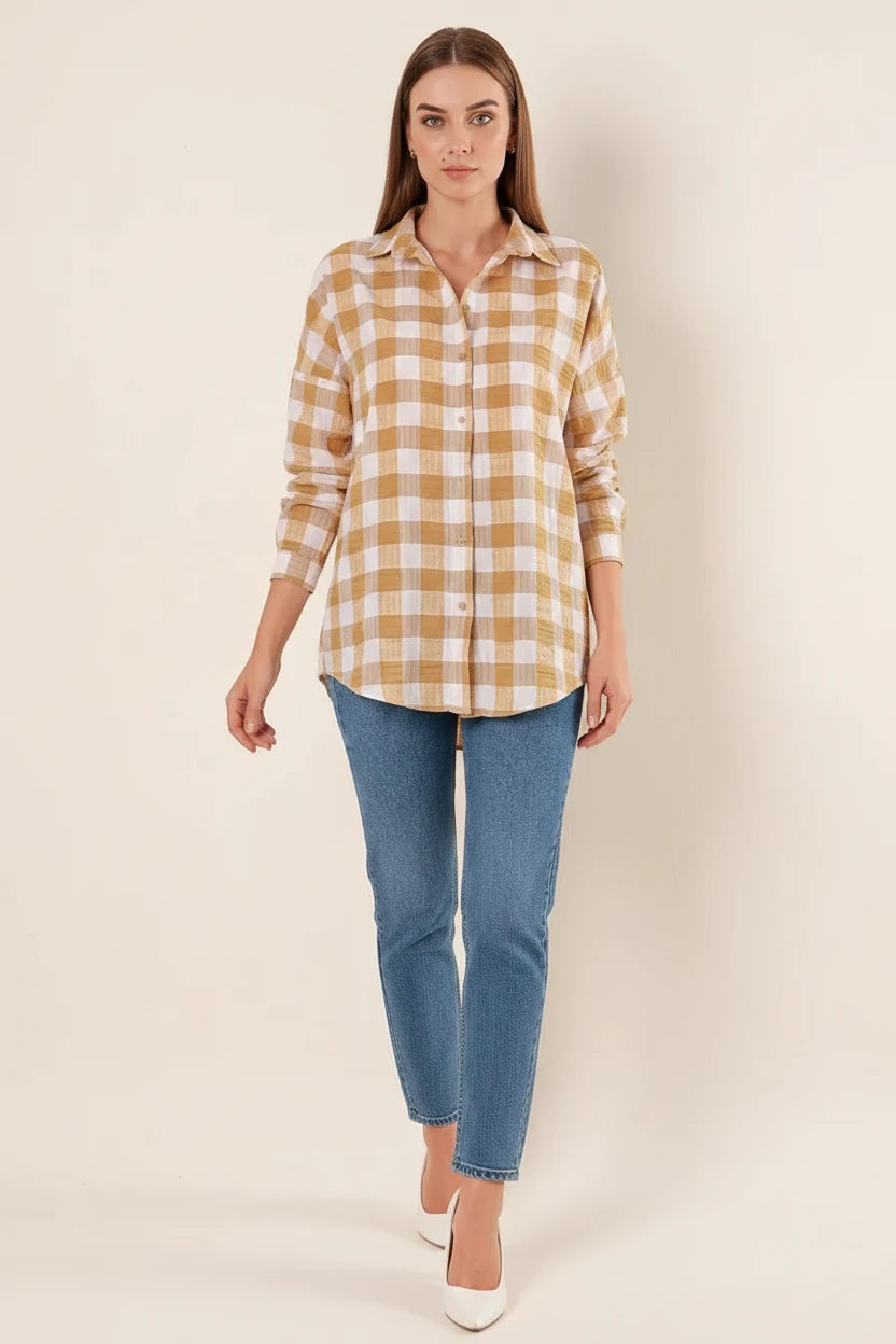 Kadın Kareli Desen Basic Oversize Pamuklu Gömlek