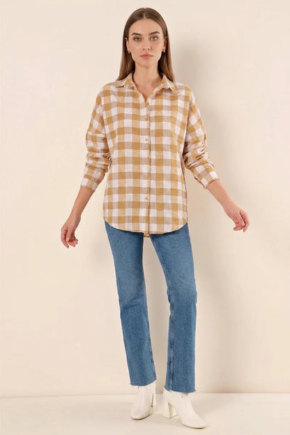 Kadın Kareli Desen Basic Oversize Pamuklu Gömlek