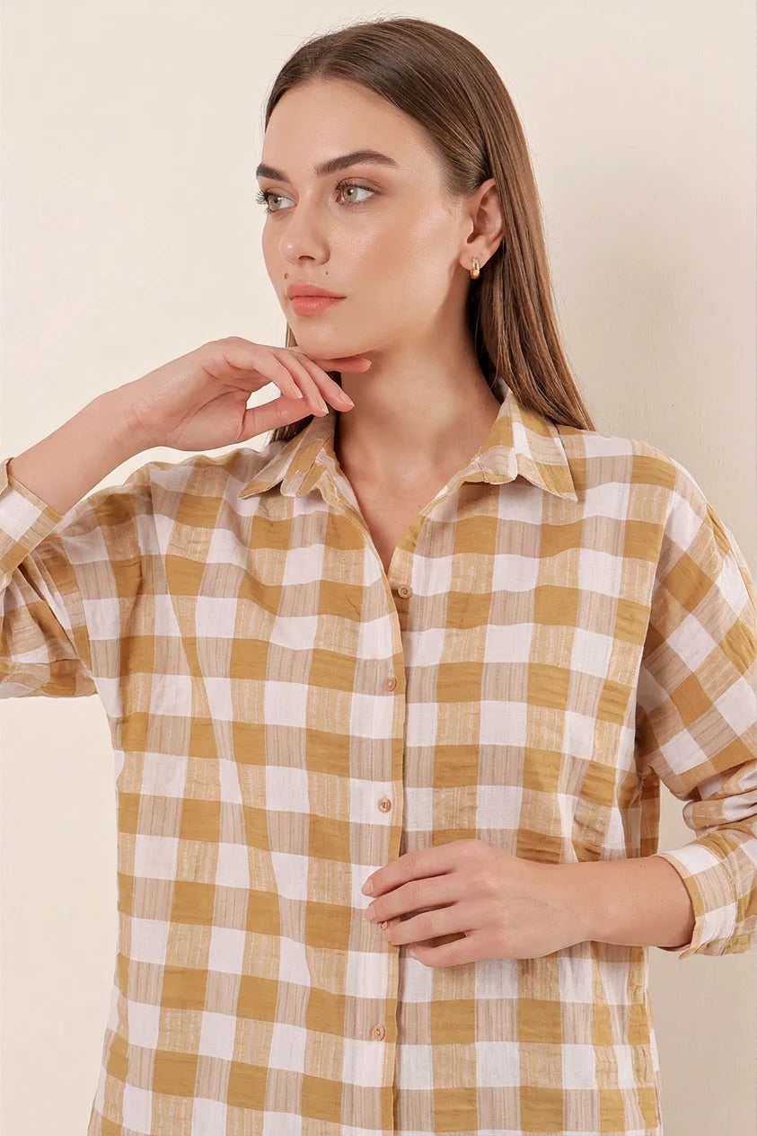 Kadın Kareli Desen Basic Oversize Pamuklu Gömlek
