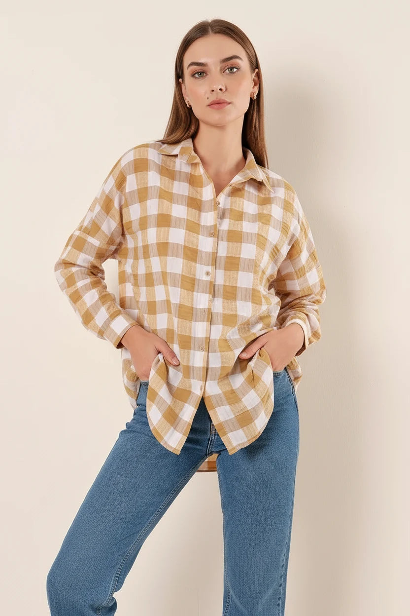 Kadın Kareli Desen Basic Oversize Pamuklu Gömlek