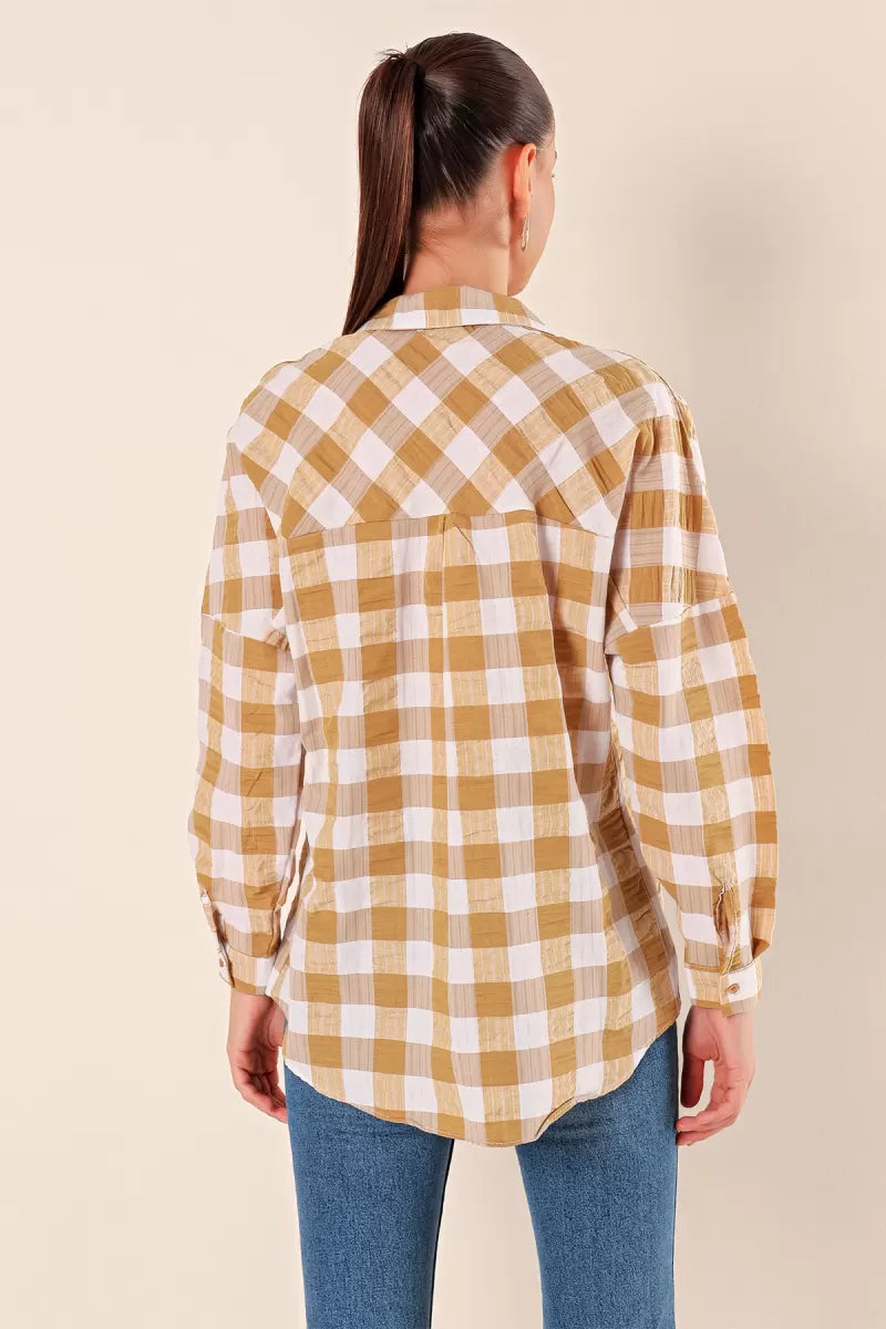 Kadın Kareli Desen Basic Oversize Pamuklu Gömlek