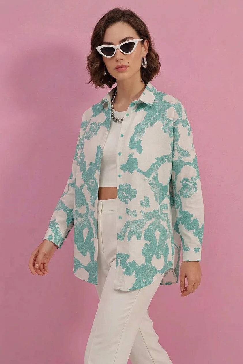 Kadın Basic Oversize Desenli Pamuklu Gömlek