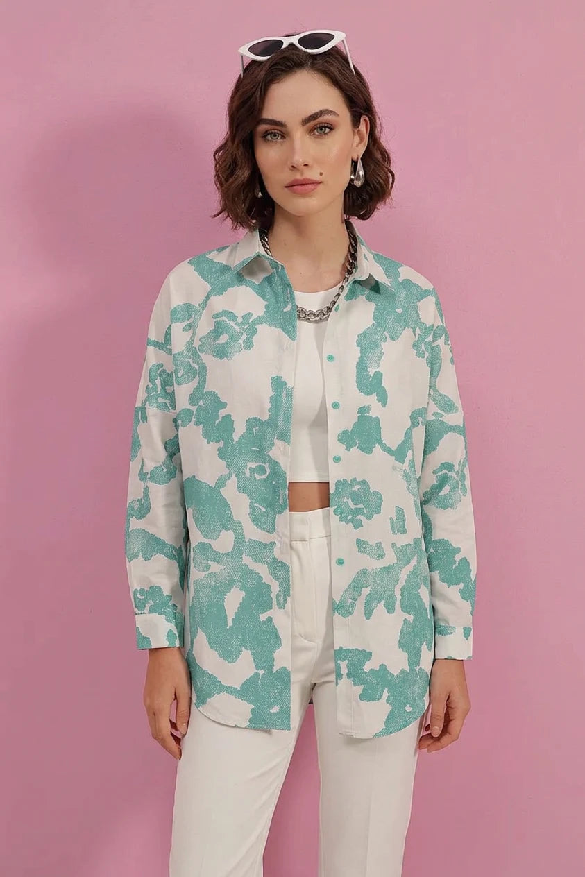Kadın Basic Oversize Desenli Pamuklu Gömlek