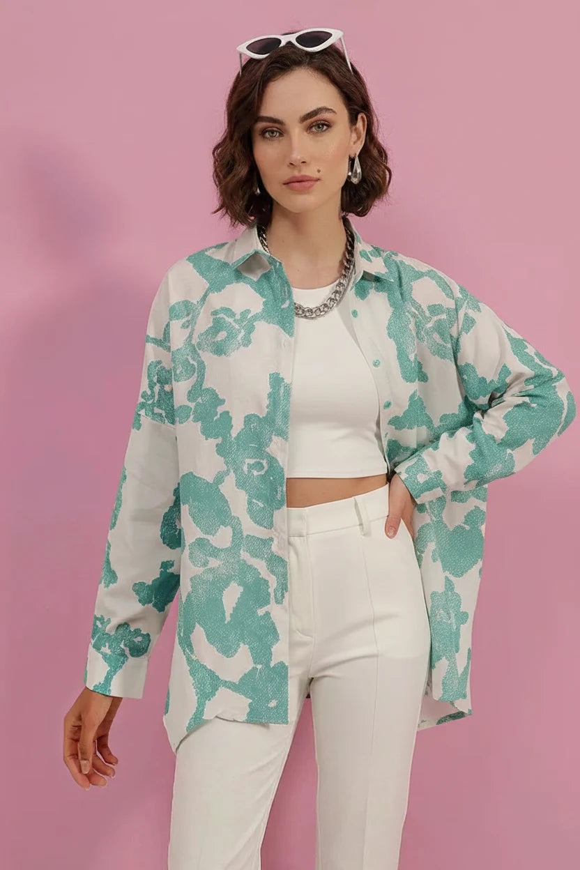 Kadın Basic Oversize Desenli Pamuklu Gömlek