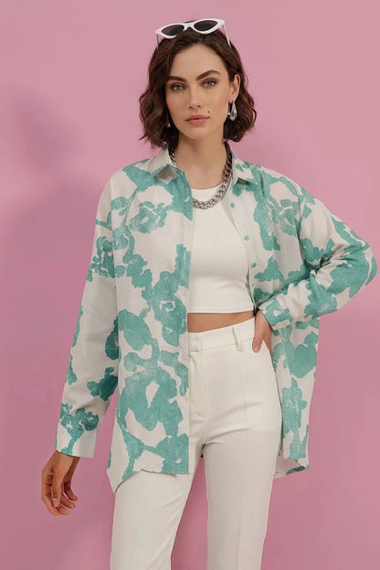 Kadın Basic Oversize Desenli Pamuklu Gömlek