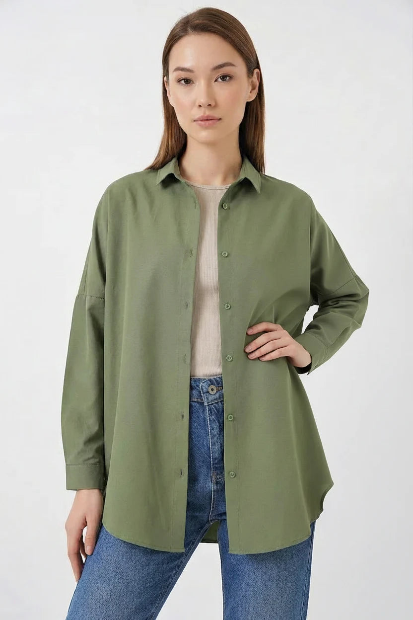 Kadın Oversize Kesim Basic Pamuklu Açık Haki Gömlek