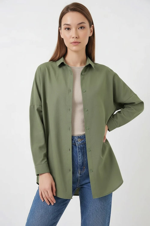 Kadın Oversize Kesim Basic Pamuklu Açık Haki Gömlek