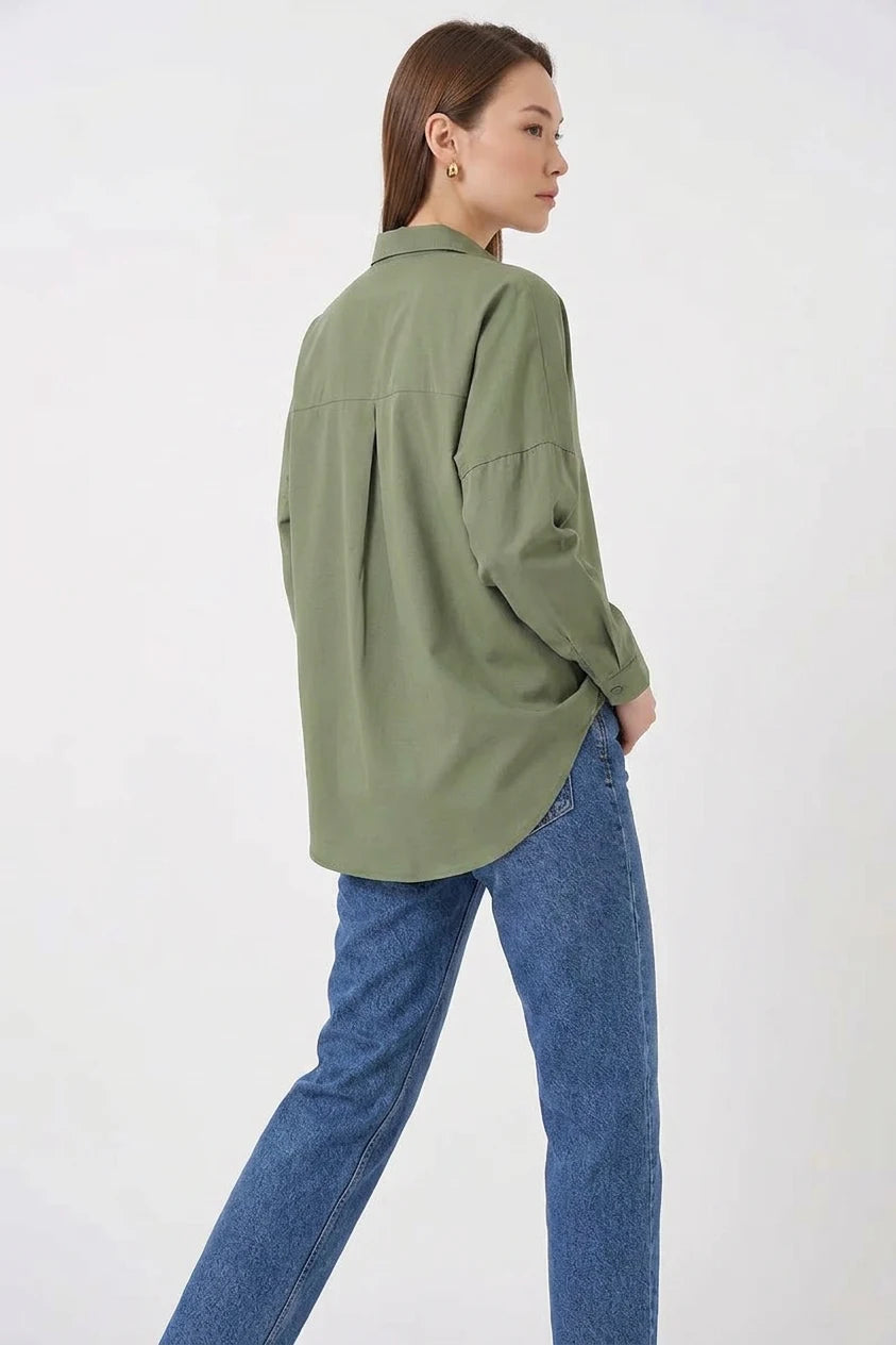 Kadın Oversize Kesim Basic Pamuklu Açık Haki Gömlek