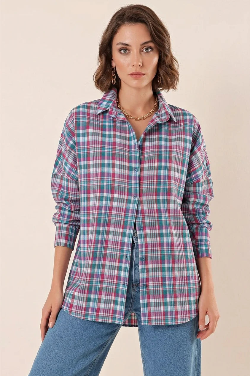 Kadın Kareli Desen Basic Oversize Pamuklu Gömlek