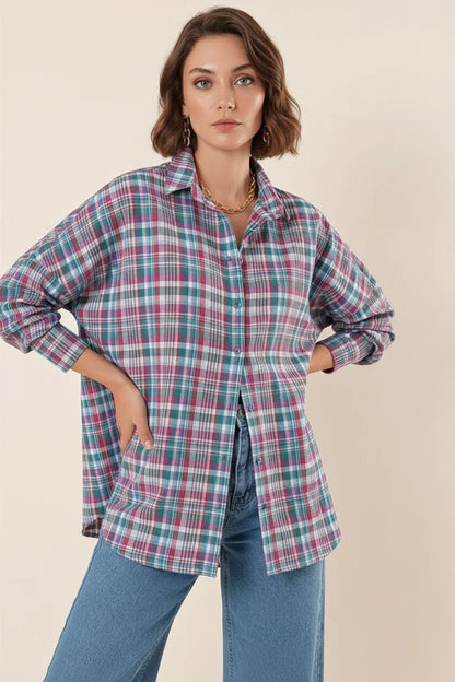 Kadın Kareli Desen Basic Oversize Pamuklu Gömlek