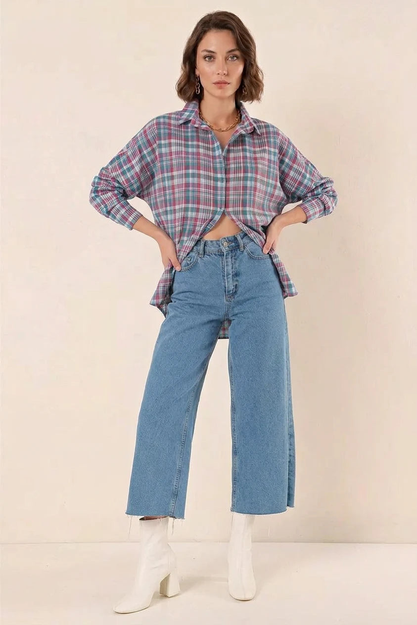 Kadın Kareli Desen Basic Oversize Pamuklu Gömlek