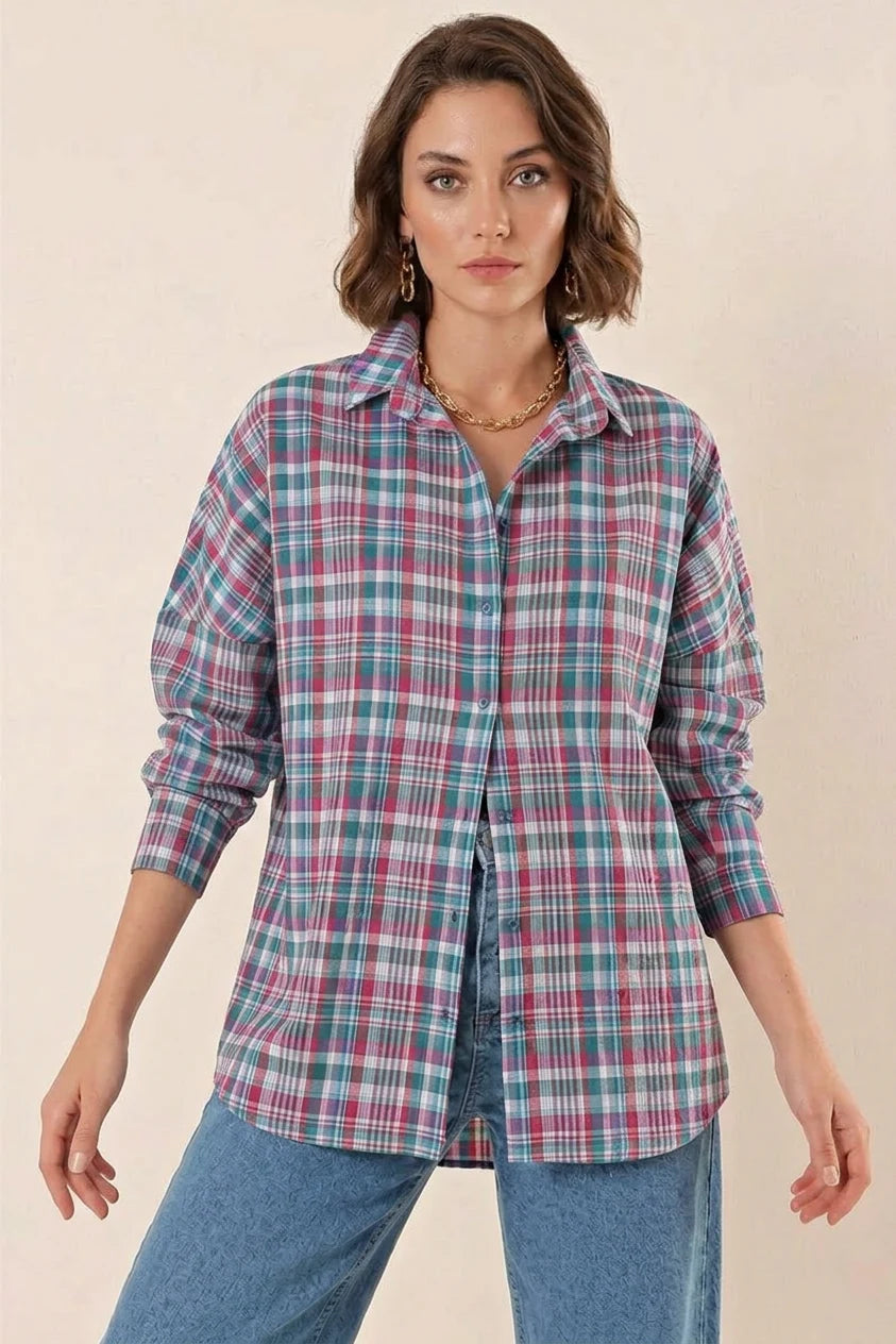 Kadın Kareli Desen Basic Oversize Pamuklu Gömlek