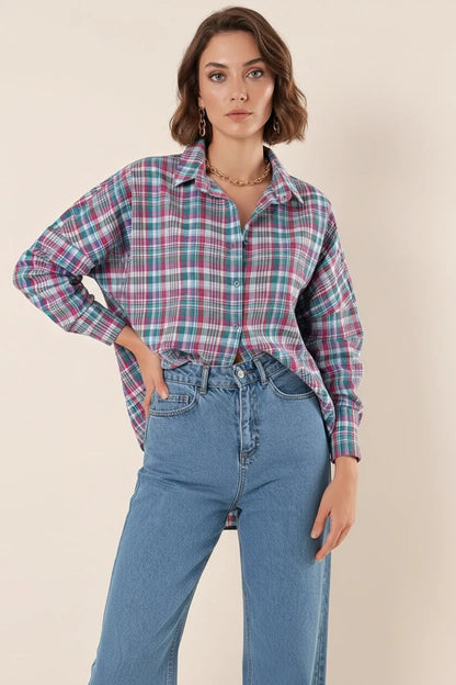Kadın Kareli Desen Basic Oversize Pamuklu Gömlek