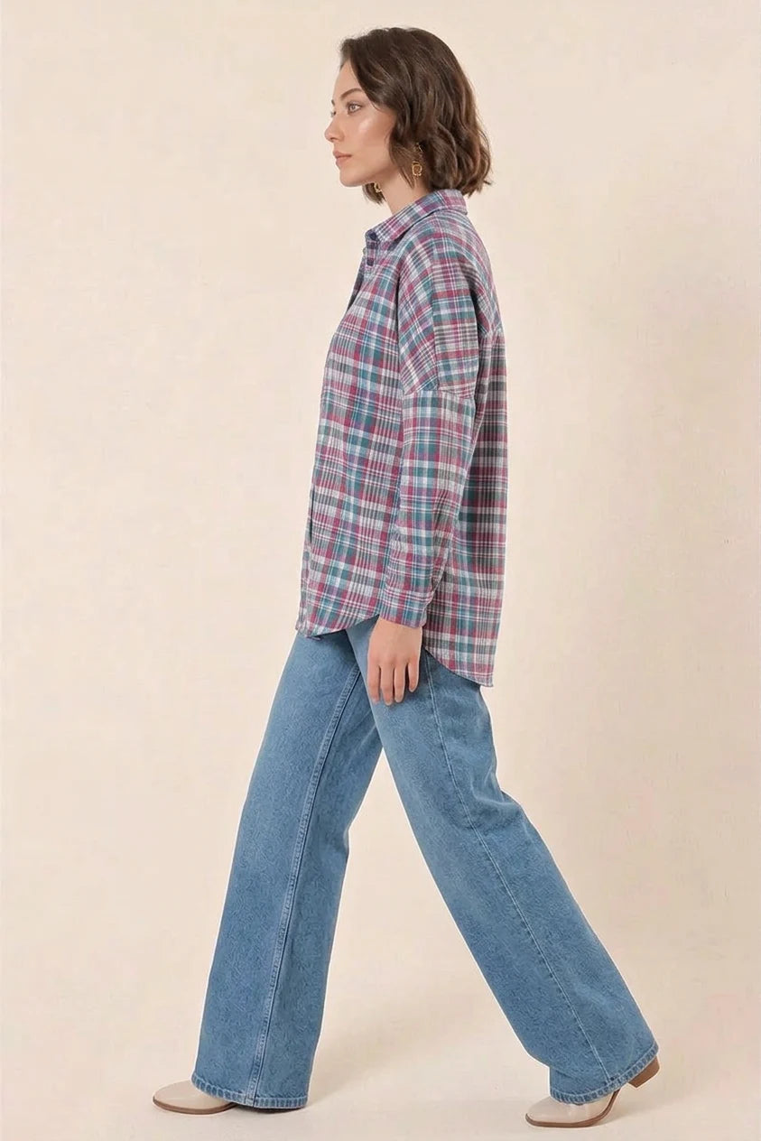 Kadın Kareli Desen Basic Oversize Pamuklu Gömlek
