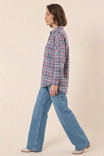 Kadın Kareli Desen Basic Oversize Pamuklu Gömlek