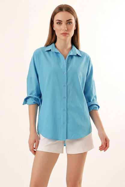 Kadın Uzun Kol Basic Oversize Pamuklu Gömlek