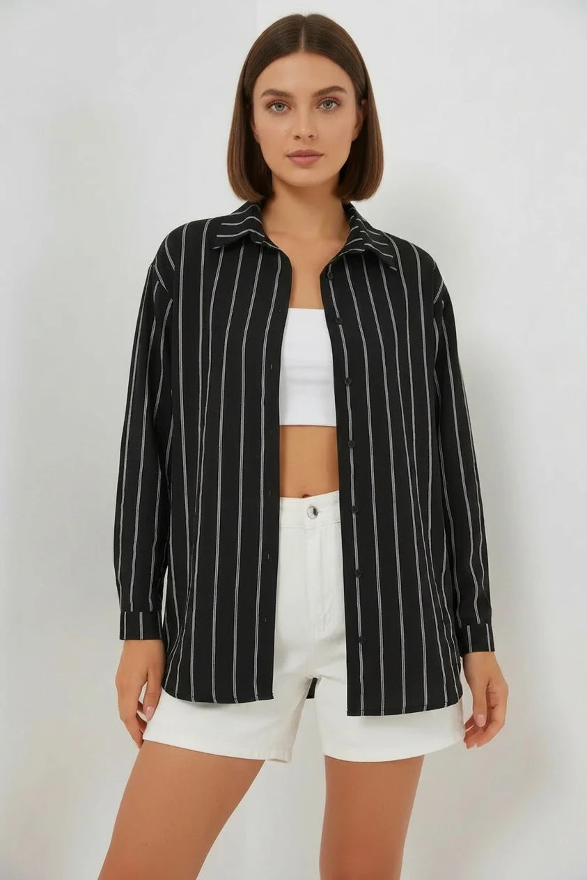 Kadın Basic Oversize Çizgili Pamuklu Gömlek