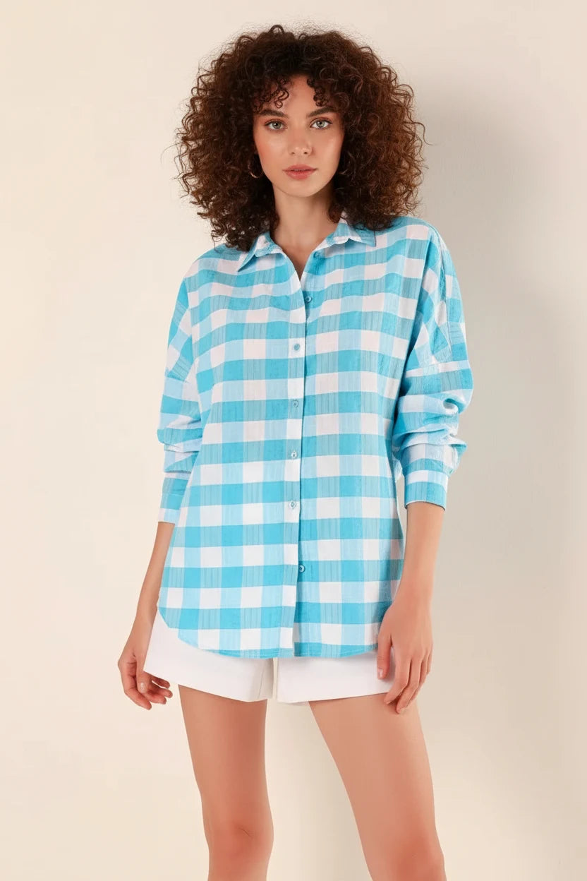 Kadın Kareli Desen Basic Oversize Pamuklu Gömlek