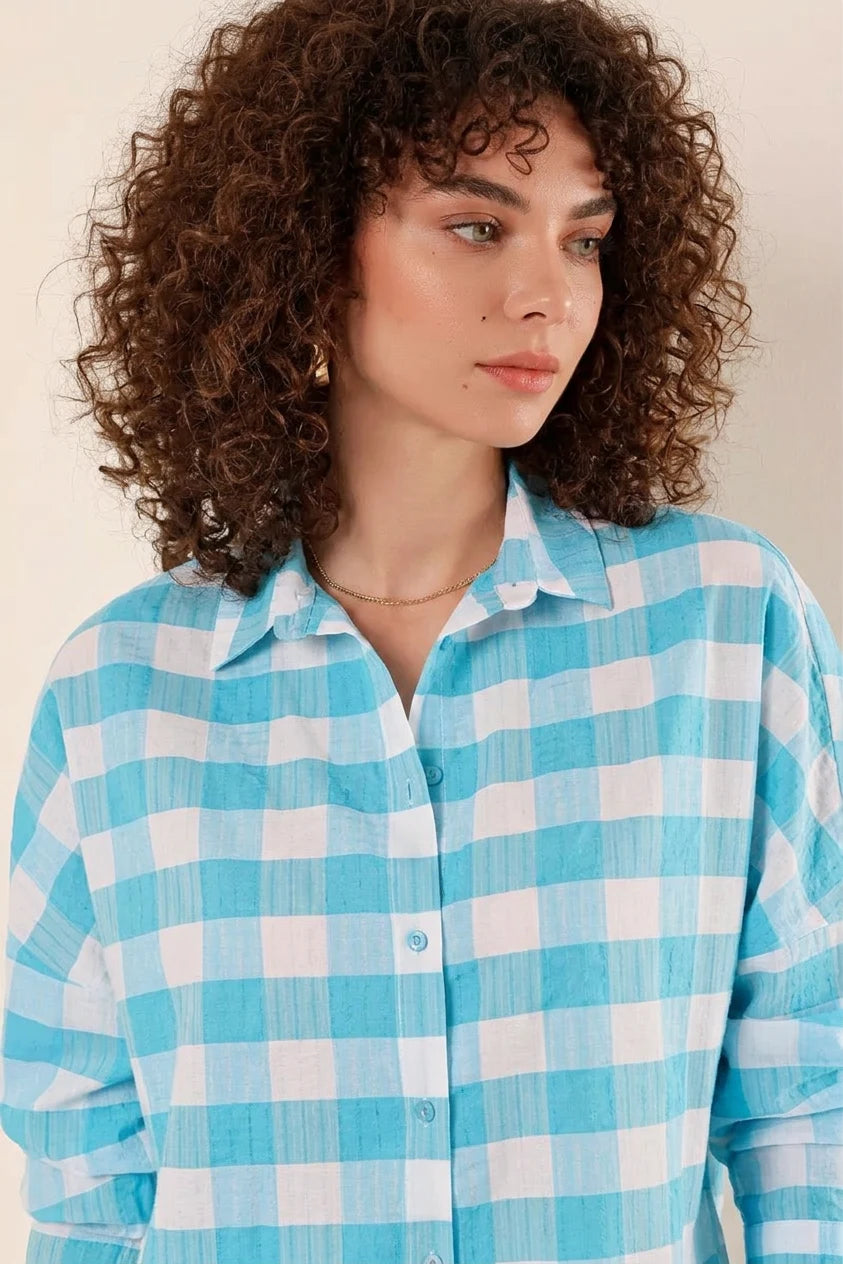 Kadın Kareli Desen Basic Oversize Pamuklu Gömlek