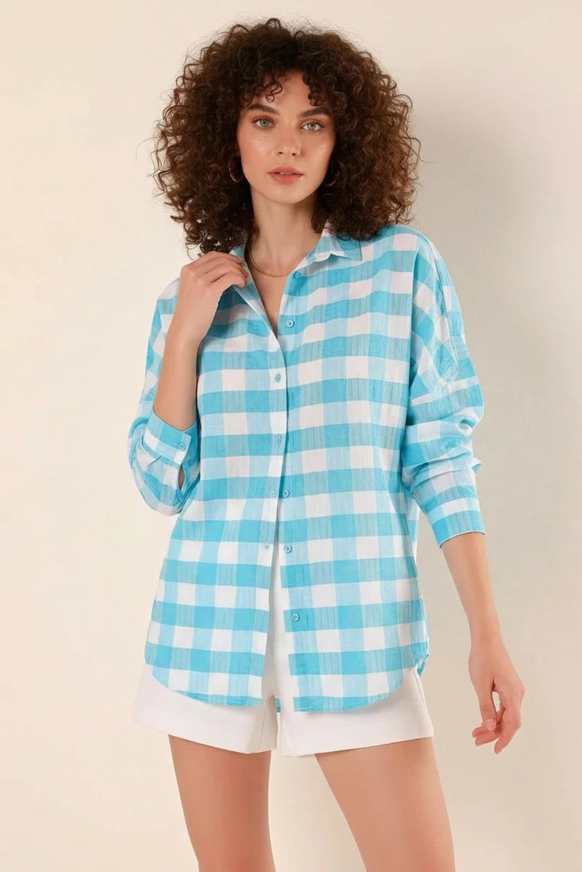 Kadın Kareli Desen Basic Oversize Pamuklu Gömlek
