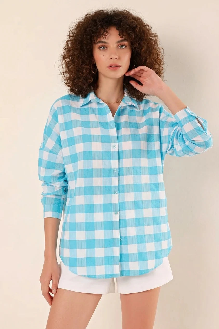 Kadın Kareli Desen Basic Oversize Pamuklu Gömlek