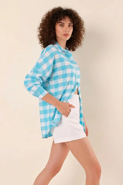 Kadın Kareli Desen Basic Oversize Pamuklu Gömlek