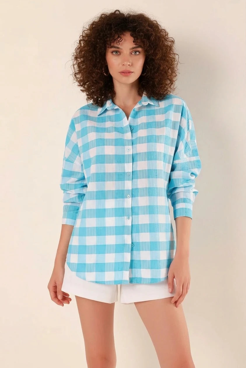 Kadın Kareli Desen Basic Oversize Pamuklu Gömlek