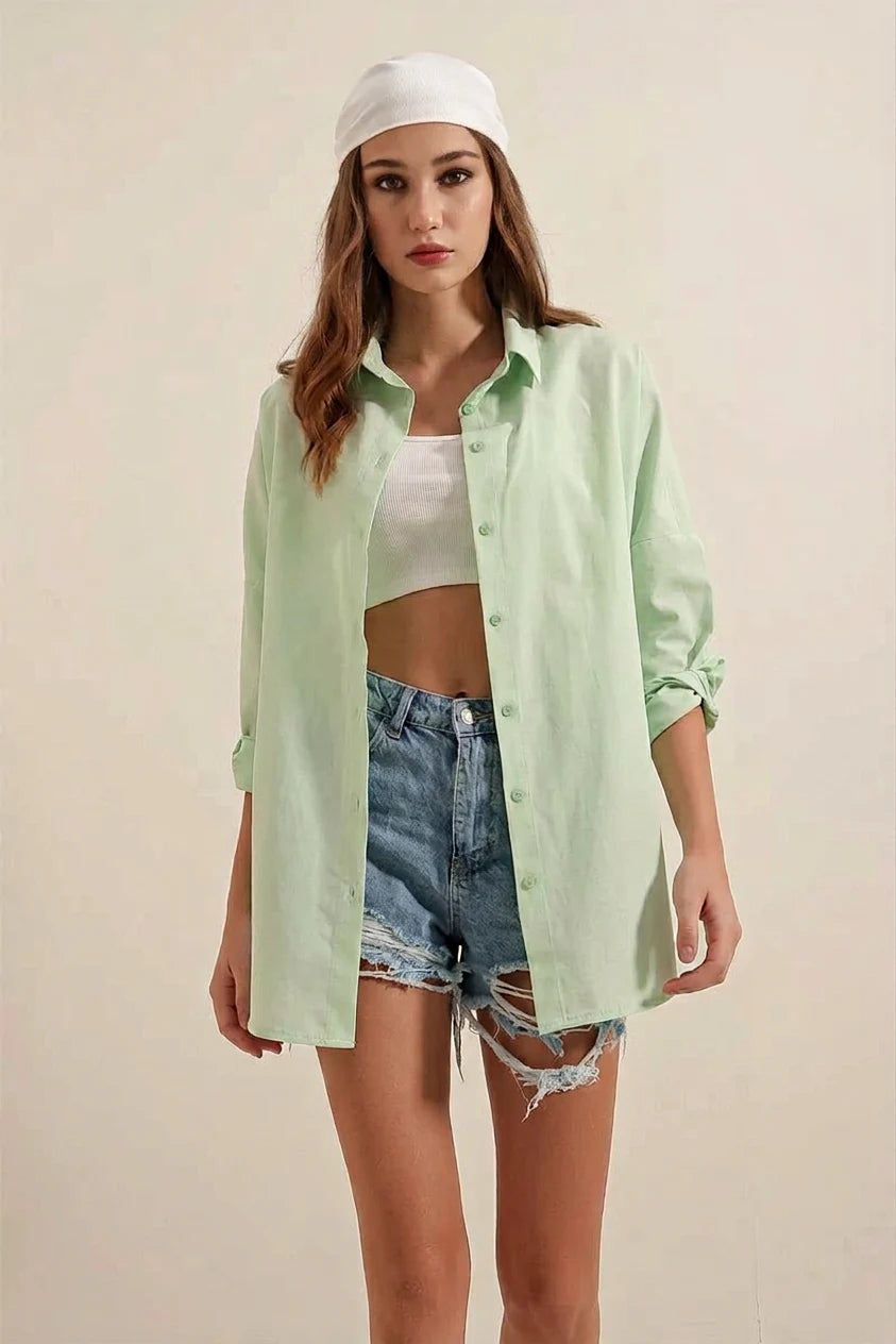 Kadın Uzun Kol Basic Oversize Pamuklu Gömlek