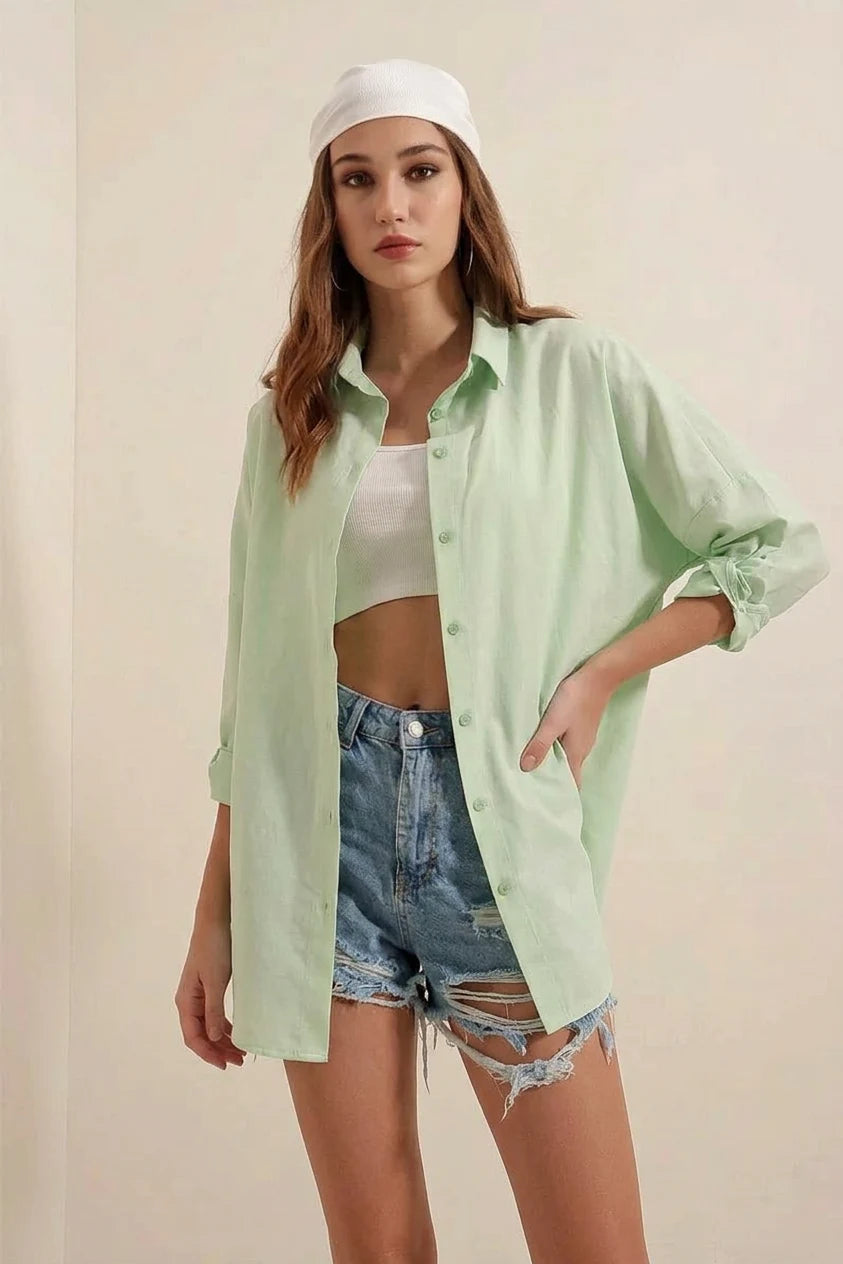 Kadın Uzun Kol Basic Oversize Pamuklu Gömlek
