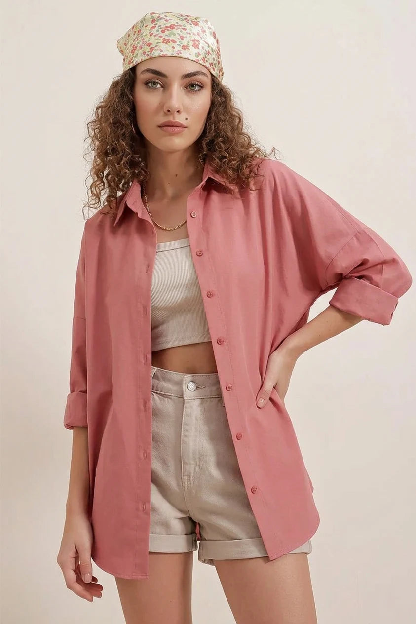 Kadın Geniş Kesim Basic Oversize Pamuklu Gül Kurusu Gömlek