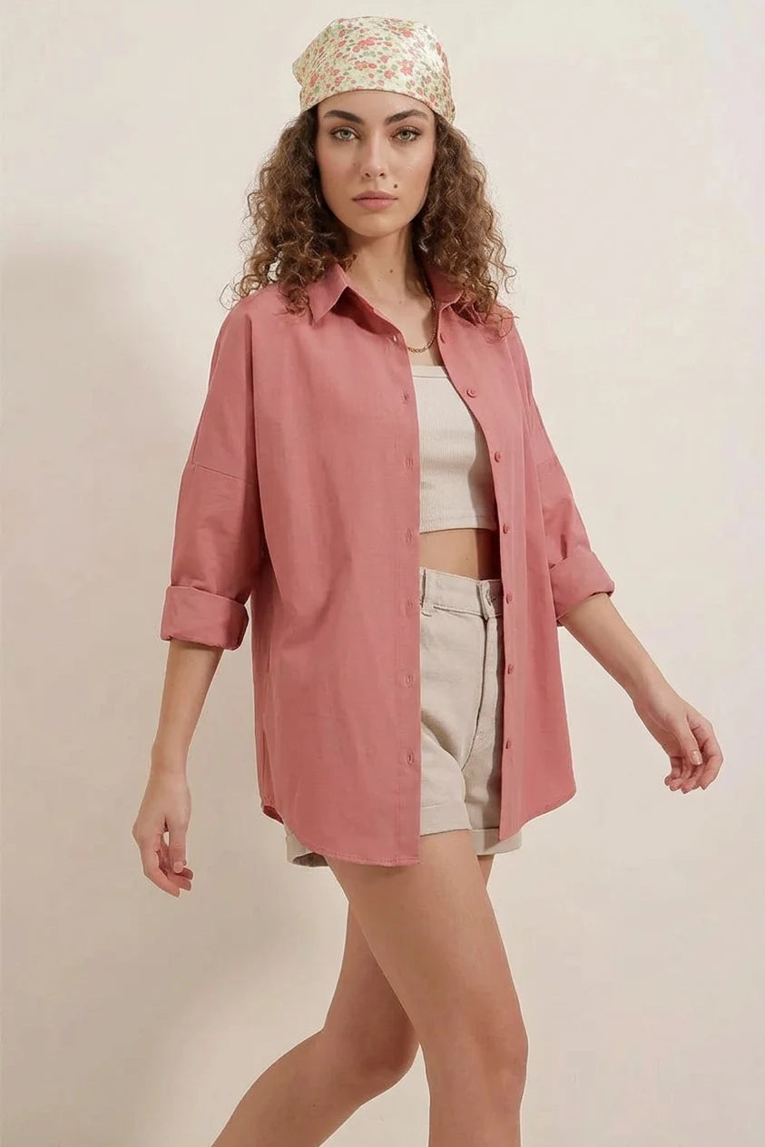 Kadın Geniş Kesim Basic Oversize Pamuklu Gül Kurusu Gömlek