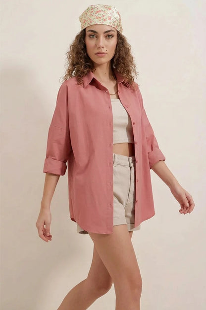 Kadın Geniş Kesim Basic Oversize Pamuklu Gül Kurusu Gömlek