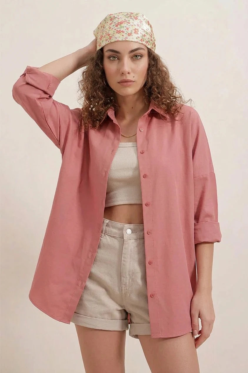 Kadın Geniş Kesim Basic Oversize Pamuklu Gül Kurusu Gömlek