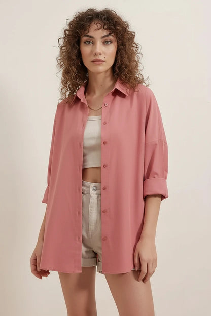 Kadın Geniş Kesim Basic Oversize Pamuklu Gül Kurusu Gömlek