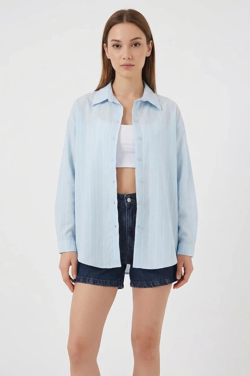 Kadın Basic Oversize Çizgili Pamuklu Gömlek