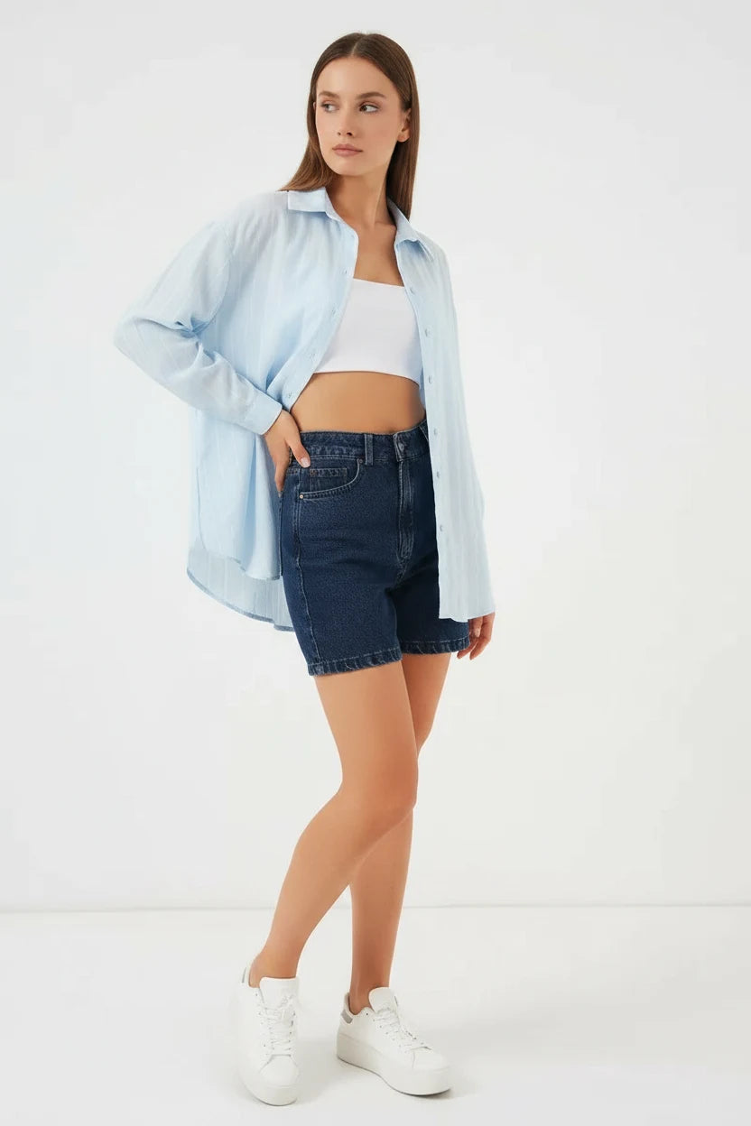 Kadın Basic Oversize Çizgili Pamuklu Gömlek